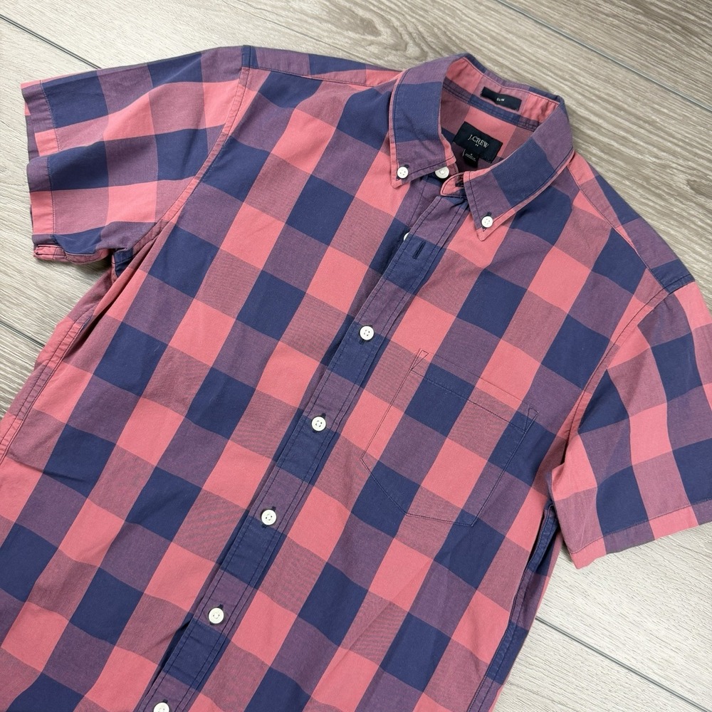 J Crew Men's Slim Fit Button Up Buffalo Check Shirt‎ Pink Blue Size Small